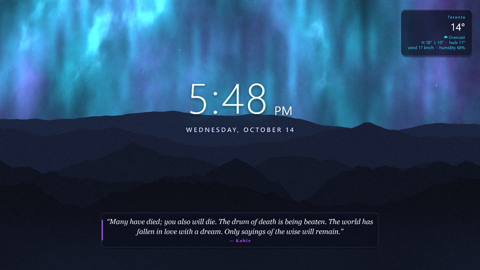 Aurora: northern lights over mountains with stars, a clock, weather and a quote
