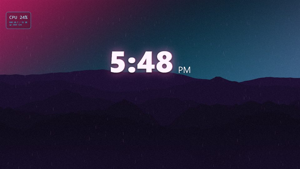 Neon city: pink and cyan gradient with rain, grain and a glowing clock